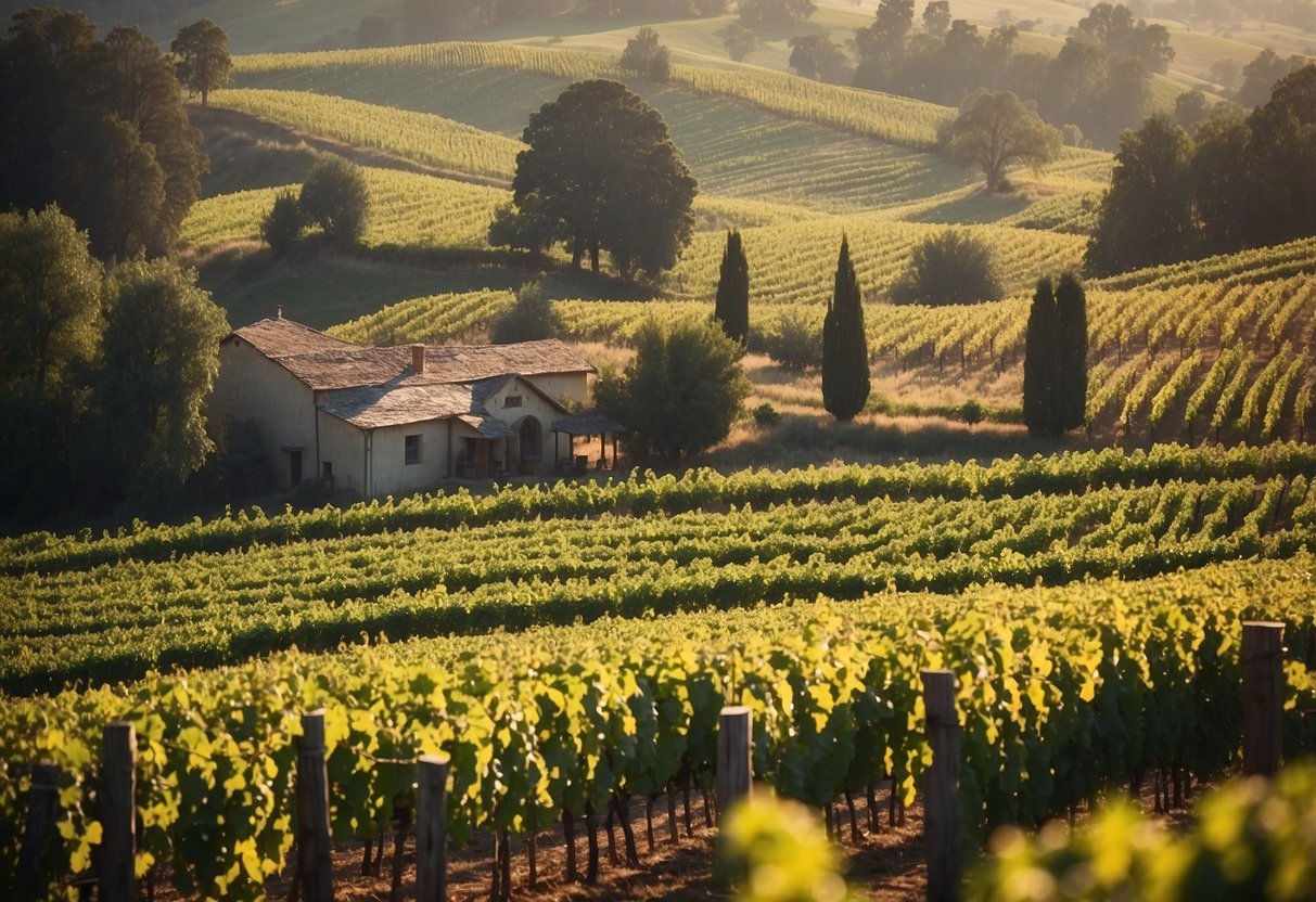 Lush vineyard with rolling hills, grapevines in neat rows, a charming tasting room, and a rustic winery building