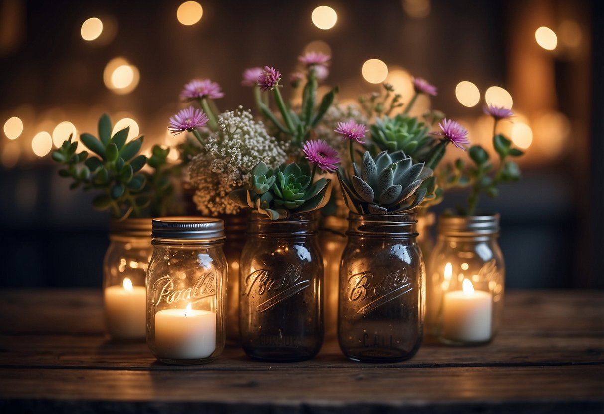 A rustic wooden table adorned with mason jar vases filled with wildflowers and cowboy boots filled with succulents, surrounded by flickering candles and horseshoe accents