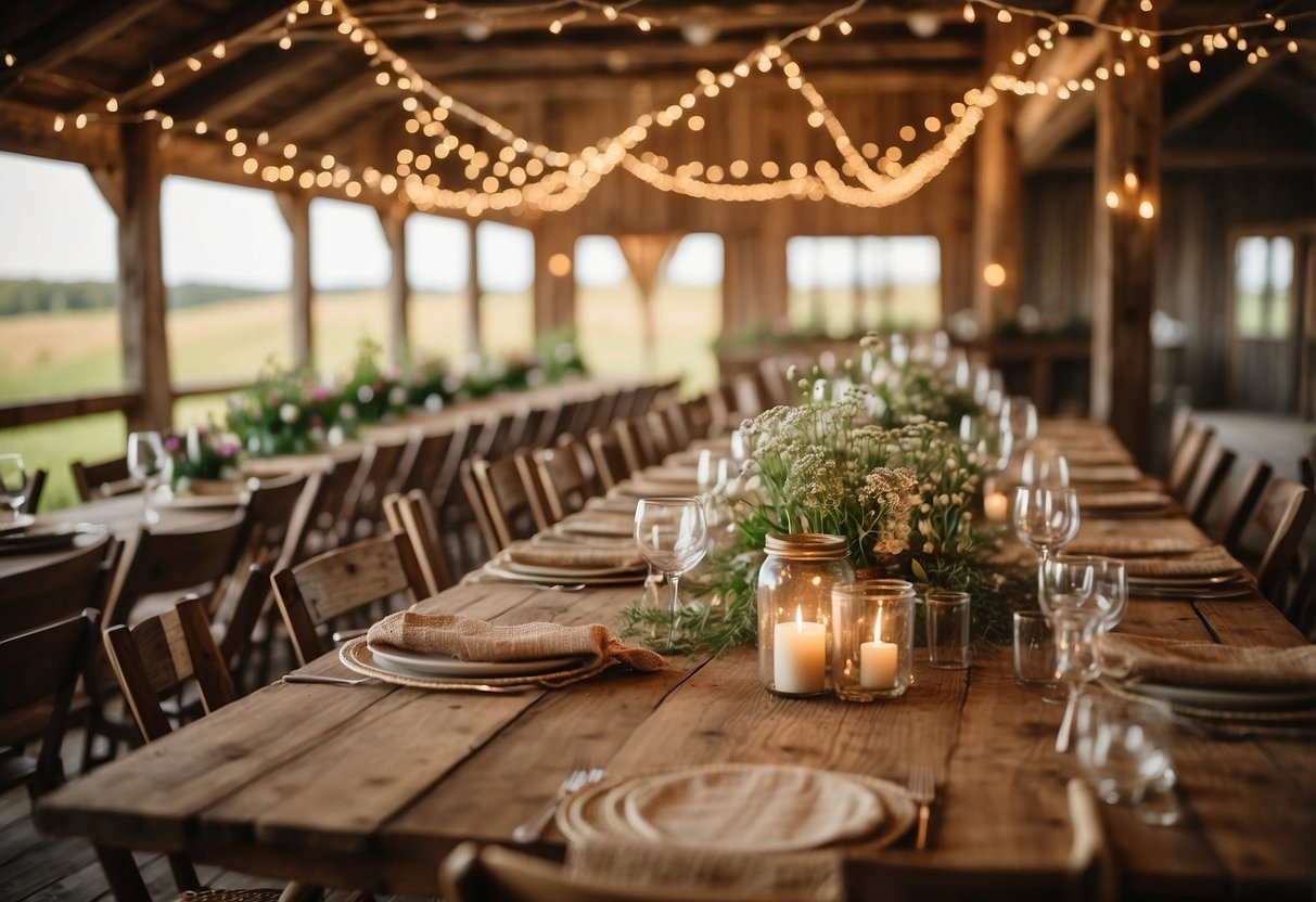 A wooden barn adorned with string lights and wildflowers, tables set with burlap runners and mason jar centerpieces, creating a cozy and rustic ambiance for a wedding shower