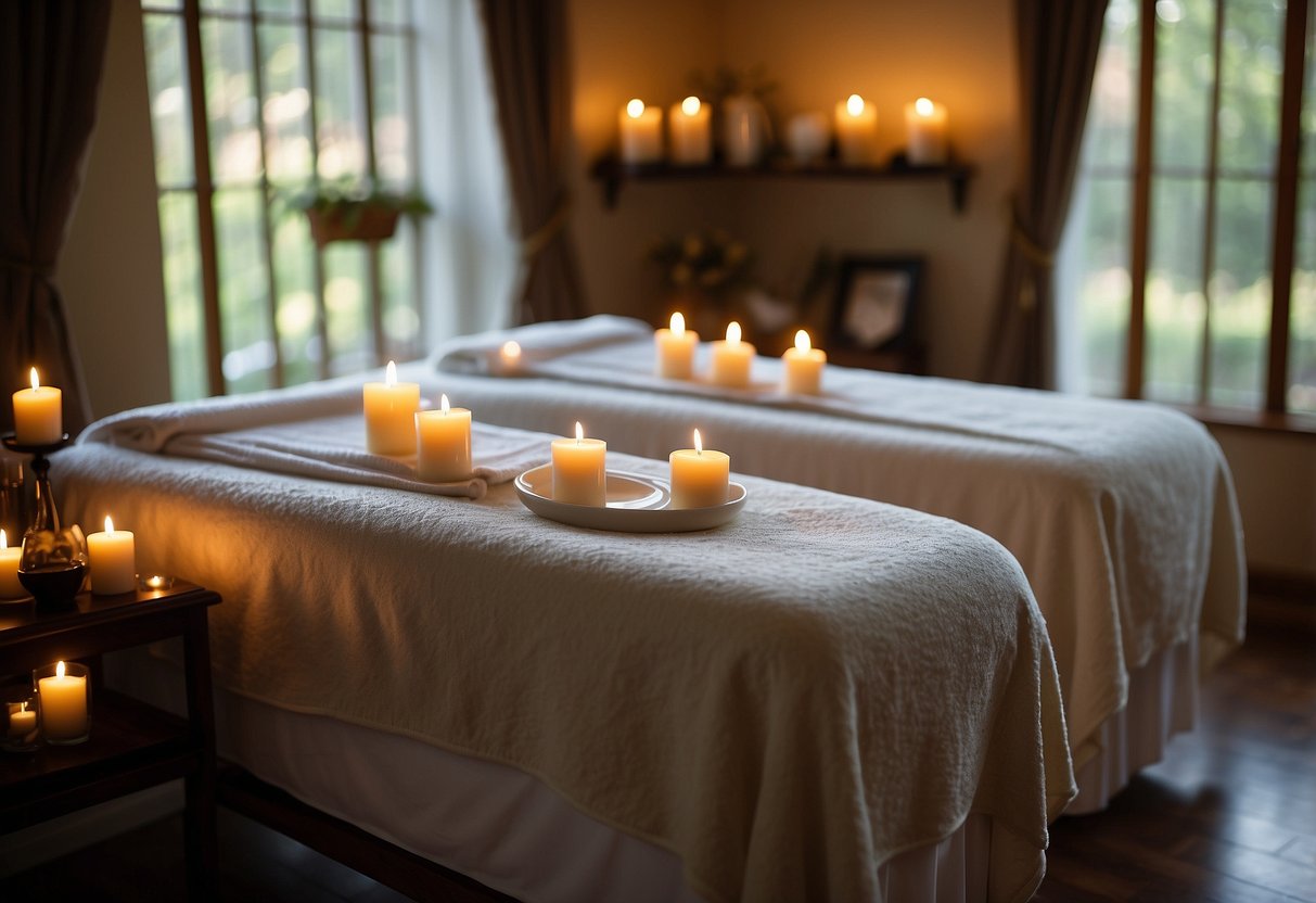 Two massage tables set up in a serene, candle-lit room with soft music playing. Aromatherapy oils and fluffy towels are laid out, creating a relaxing atmosphere for the couple's 65th wedding anniversary celebration