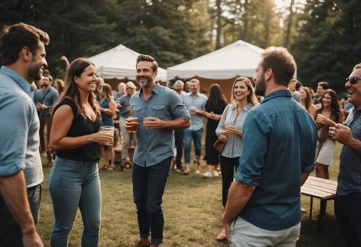 Guests play lawn games, like cornhole and horseshoes, while others gather around a rustic DIY photo booth. Laughter and chatter fill the air