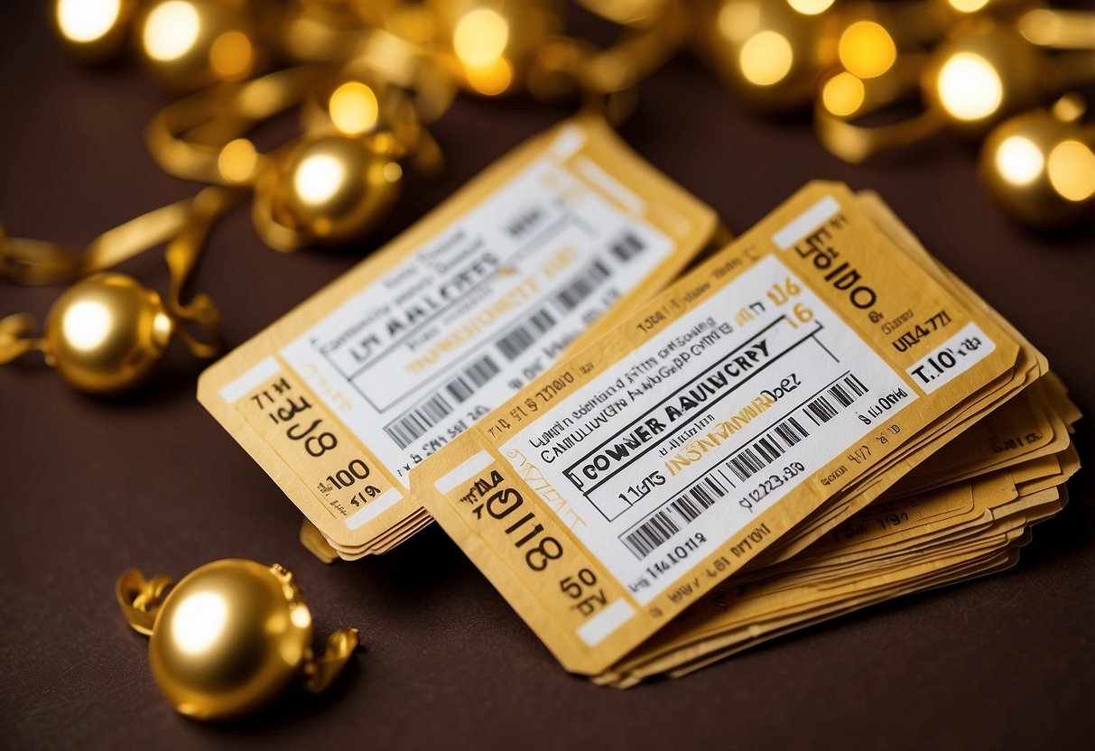 Two concert tickets surrounded by golden wedding anniversary decorations