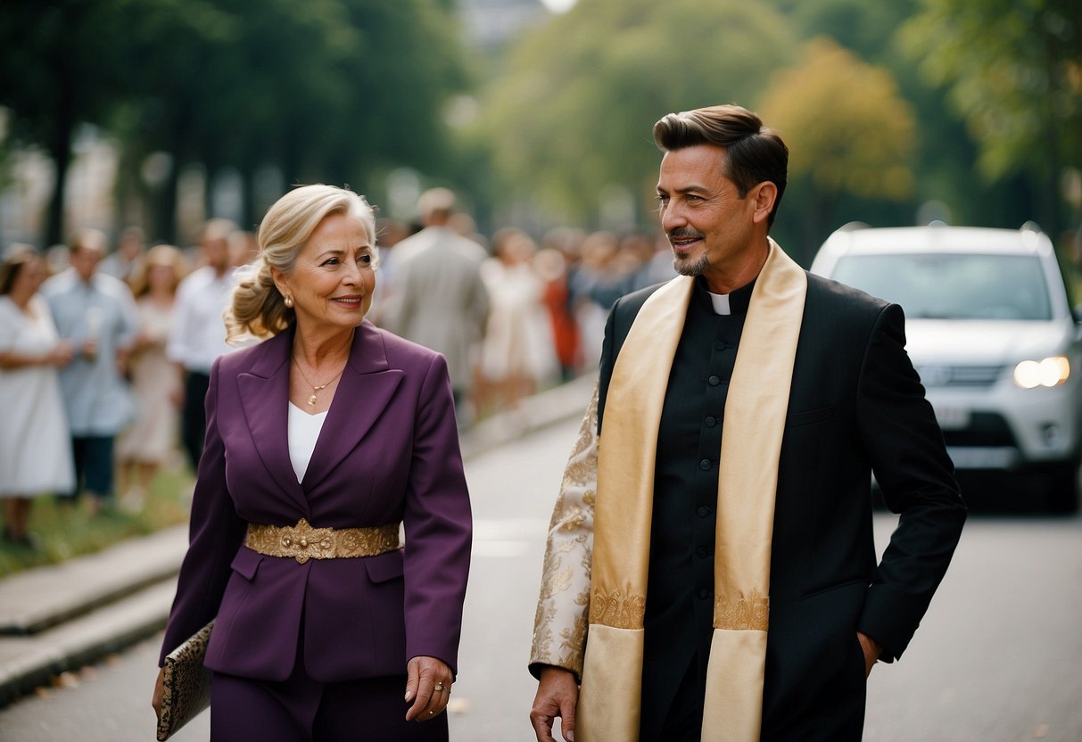 A priest walks towards the groom's mother