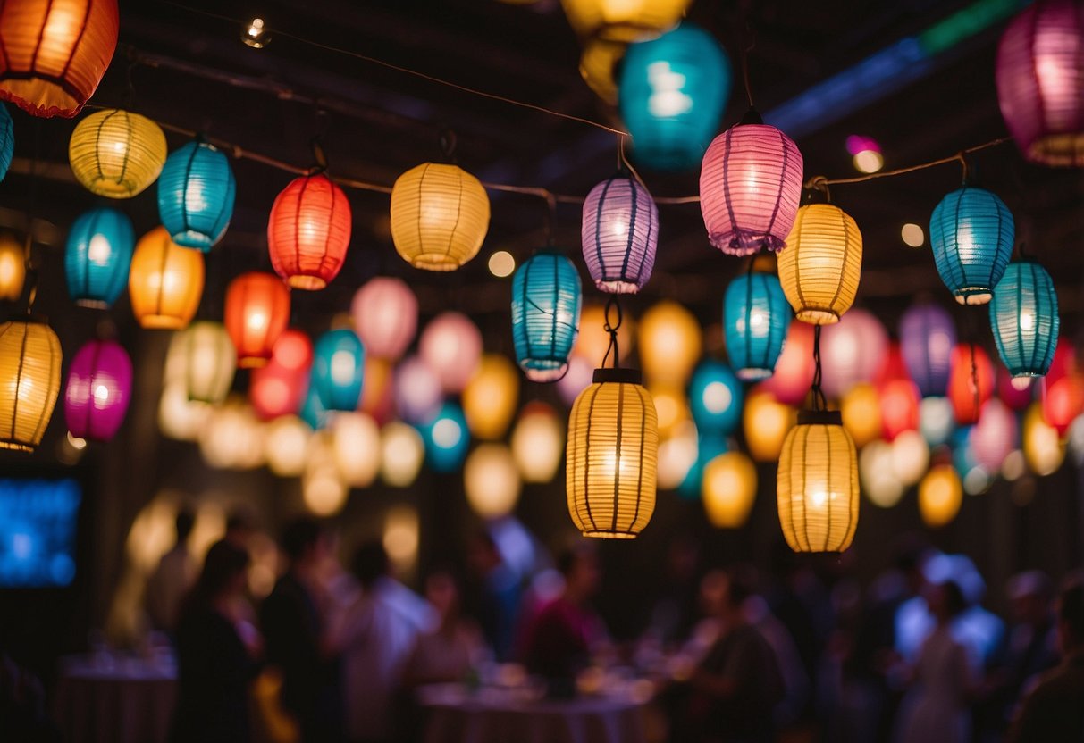 A colorful array of hanging lanterns and twinkling lights create a magical ambiance for a fun wedding reception. A photo booth with quirky props and a lively dance floor add to the festive atmosphere