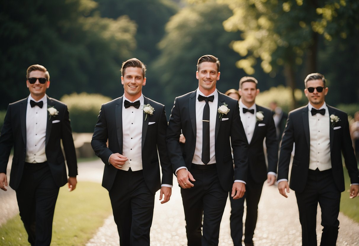 A group of groomsmen walking alongside the groom's mother