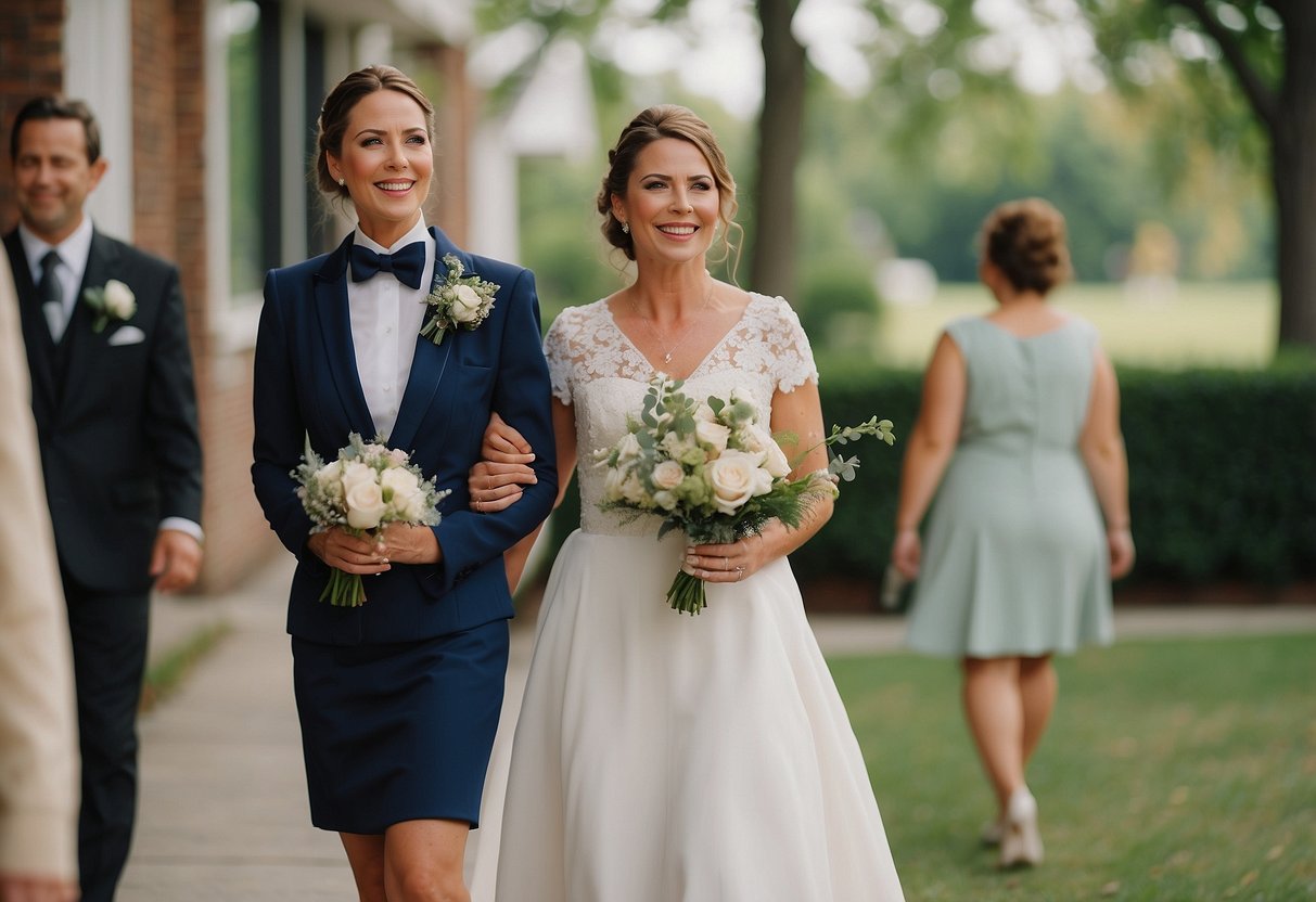 The Maid of Honor walks gracefully beside the groom's mother