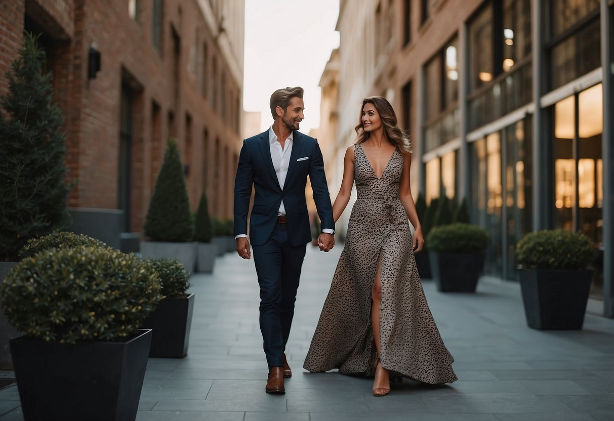 A man in a suit walks beside a woman in an elegant dress