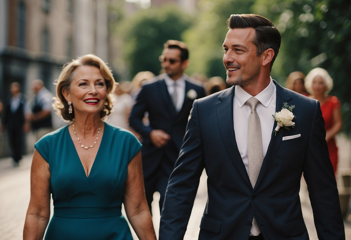 The best man walks beside the groom's mother