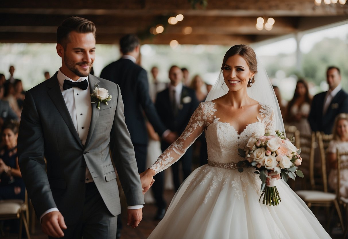 A bride walks down the aisle towards the groom's mother