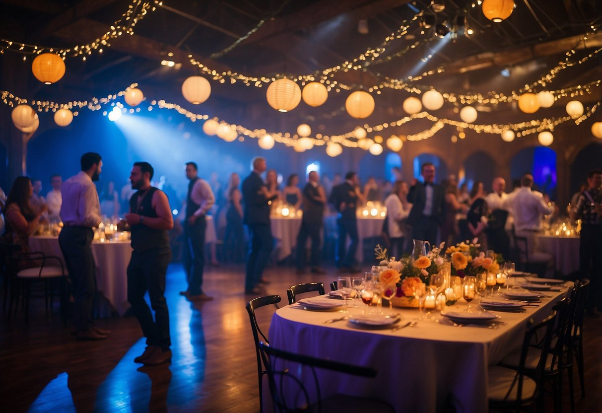 A vibrant dance floor with colorful lighting, hanging lanterns, and a live band playing upbeat music. Tables adorned with unique centerpieces and guests mingling with signature cocktails in hand