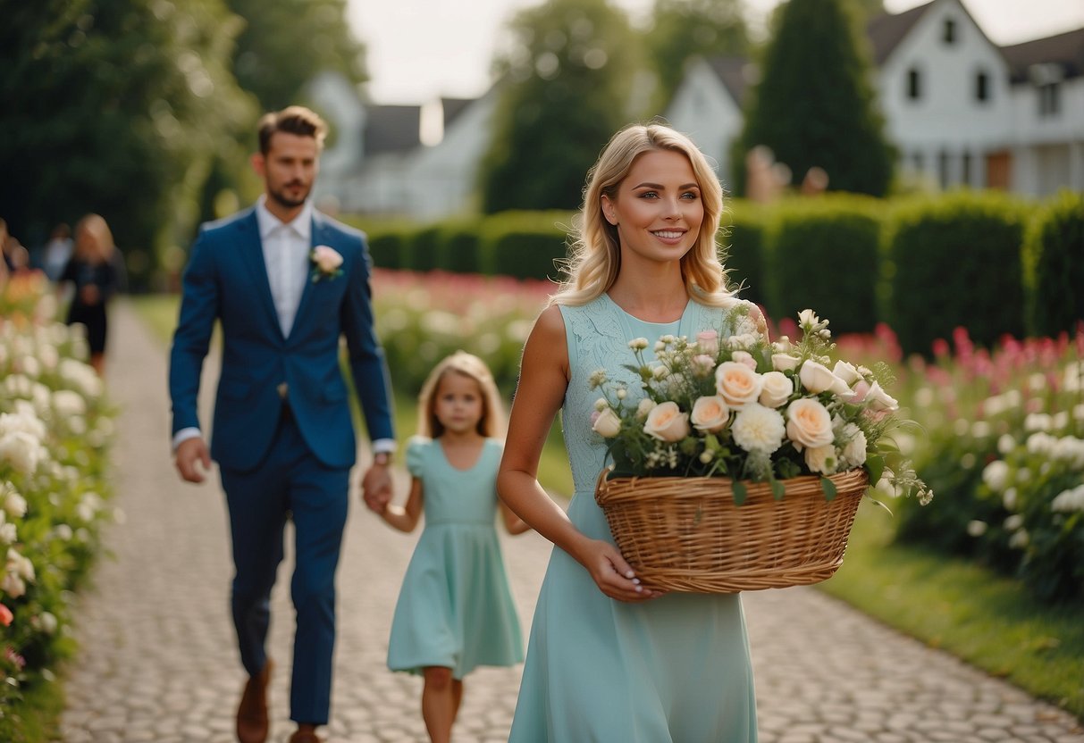 A young girl carrying a basket of flowers walks towards the groom's mother