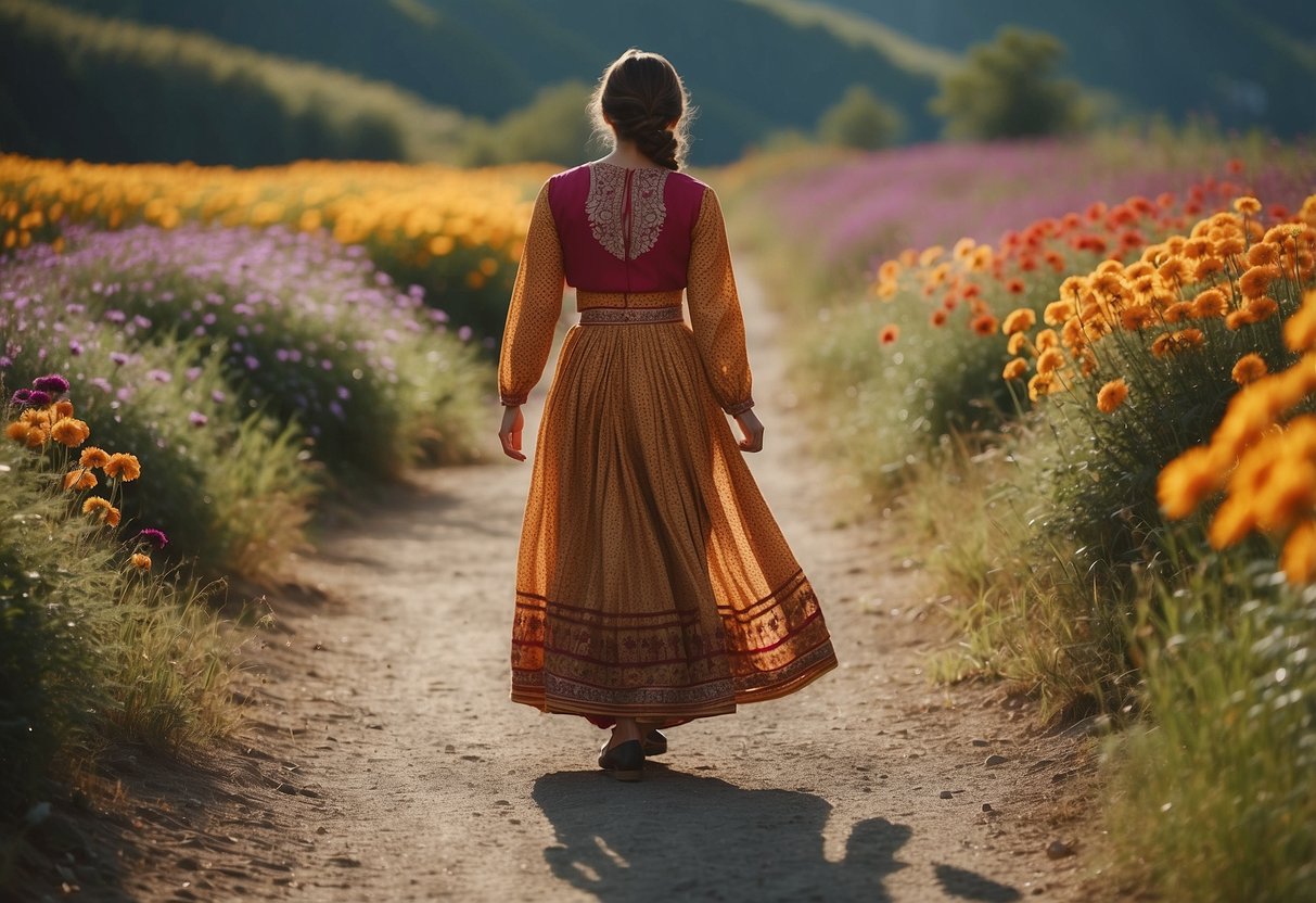 A woman in traditional dress walks down a path lined with colorful flowers