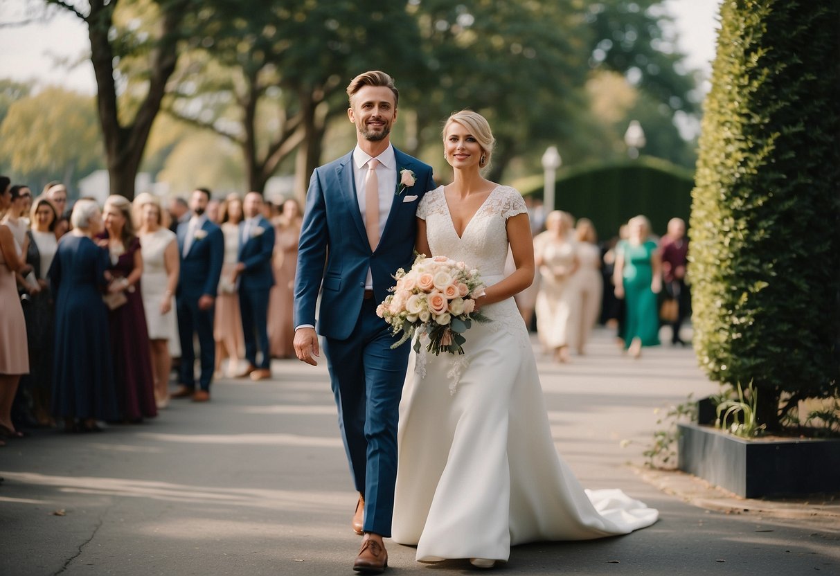 A modern adaptation strolls past the groom's mother