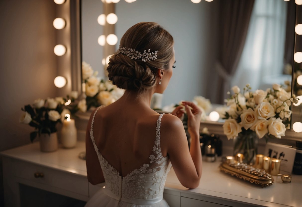 A bride sits at a vanity mirror, arranging her hair into a simple bun or loose waves. Hair accessories and styling tools are scattered around her