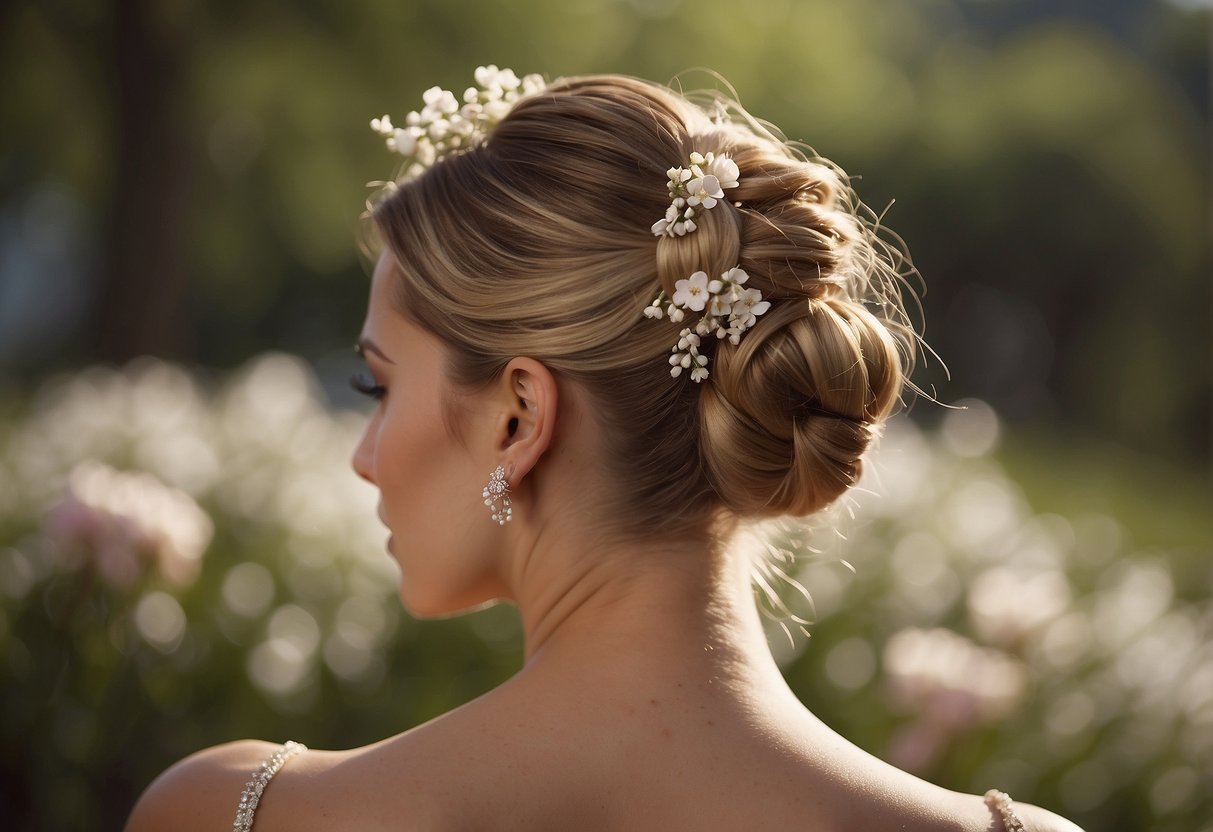 A woman's hair twisted into an elegant chignon, adorned with delicate flowers, set against a soft, romantic backdrop