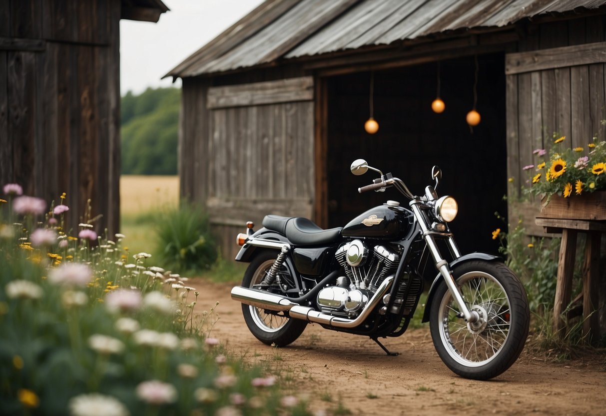 A motorcycle parked outside a rustic barn adorned with biker-themed decorations. A leather jacket draped over a chair with a bouquet of wildflowers