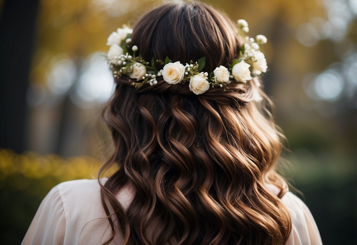 Loose waves with floral clips adorn a cascading hairstyle