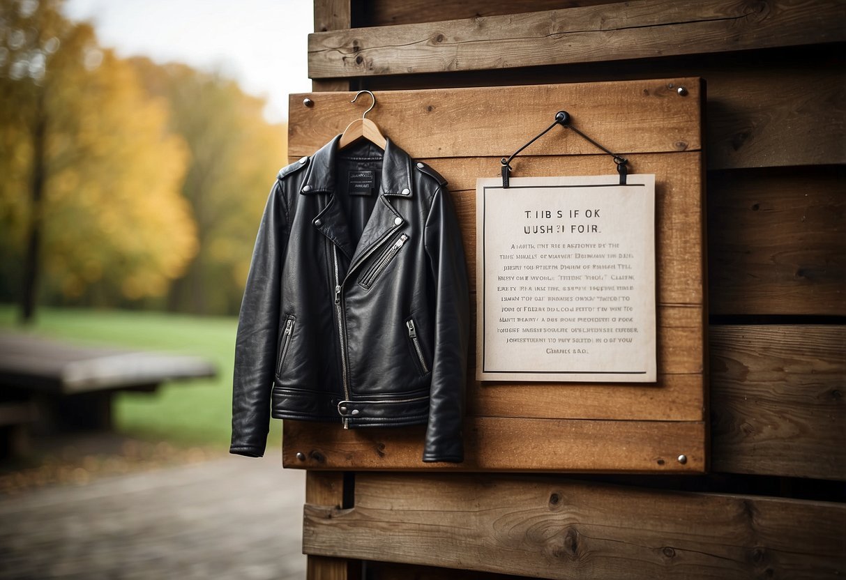 A leather jacket hangs on a rustic wooden sign, serving as a unique guest book for a biker-themed wedding