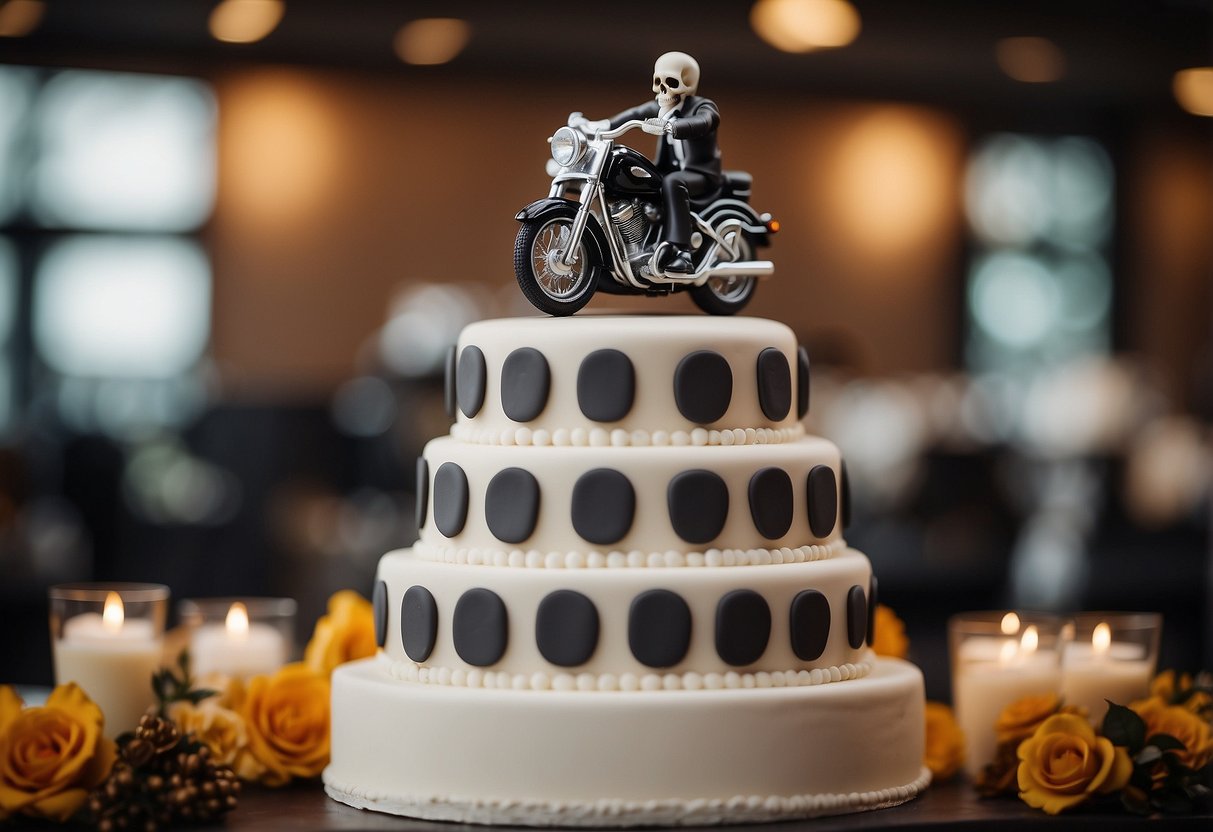 A skull-shaped cake topper sits atop a tiered wedding cake, surrounded by biker-themed decorations and motorcycle motifs