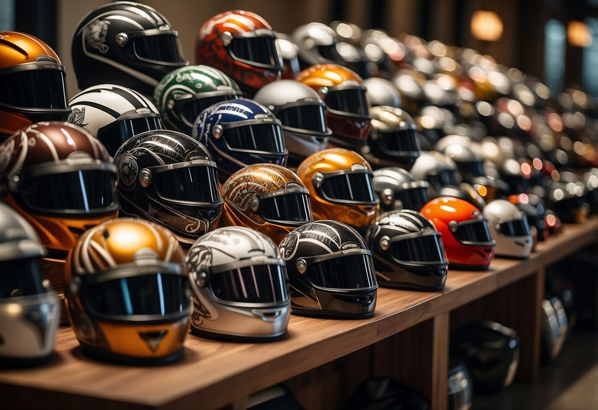 A table displays custom motorcycle helmets with intricate designs and personalized details. The helmets are arranged as wedding favors for a biker-themed wedding