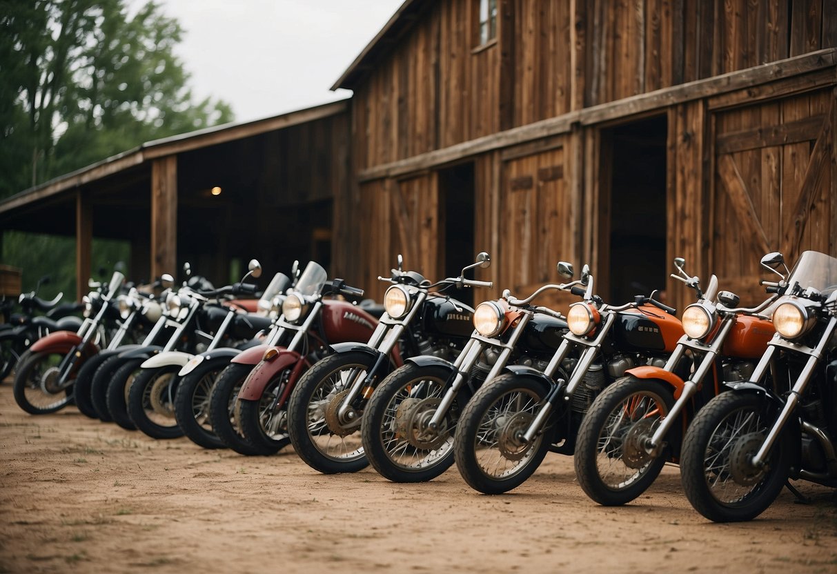 A rustic barn venue with motorcycles parked outside, biker-themed decor, and a vintage motorcycle as a focal point