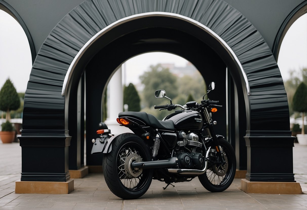 A sleek black motorcycle parked in front of a chrome-accented wedding arch, surrounded by black and chrome decor