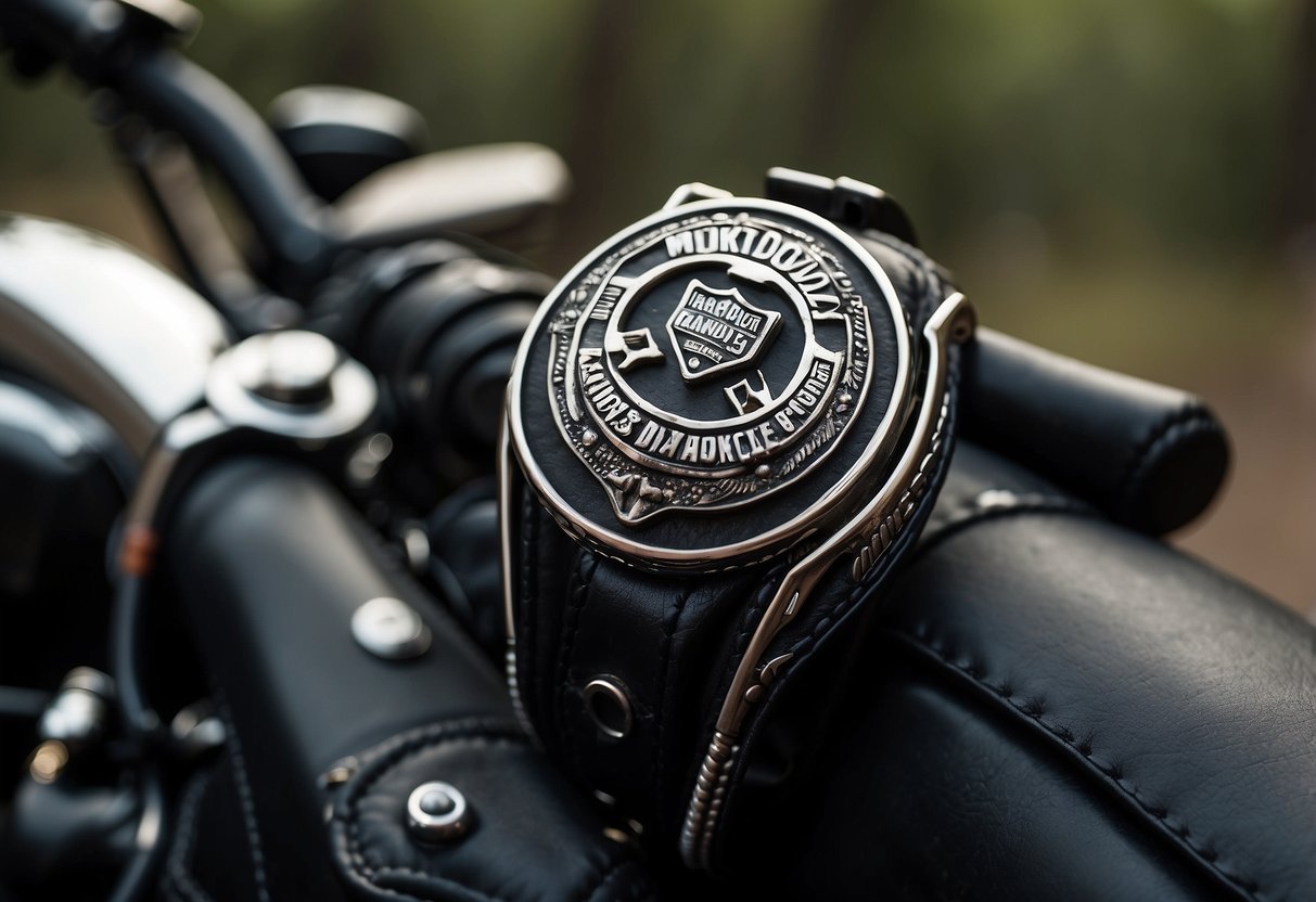 A Harley-Davidson Groom's ring placed on a leather biker jacket, surrounded by motorcycle gear and a rugged outdoor setting