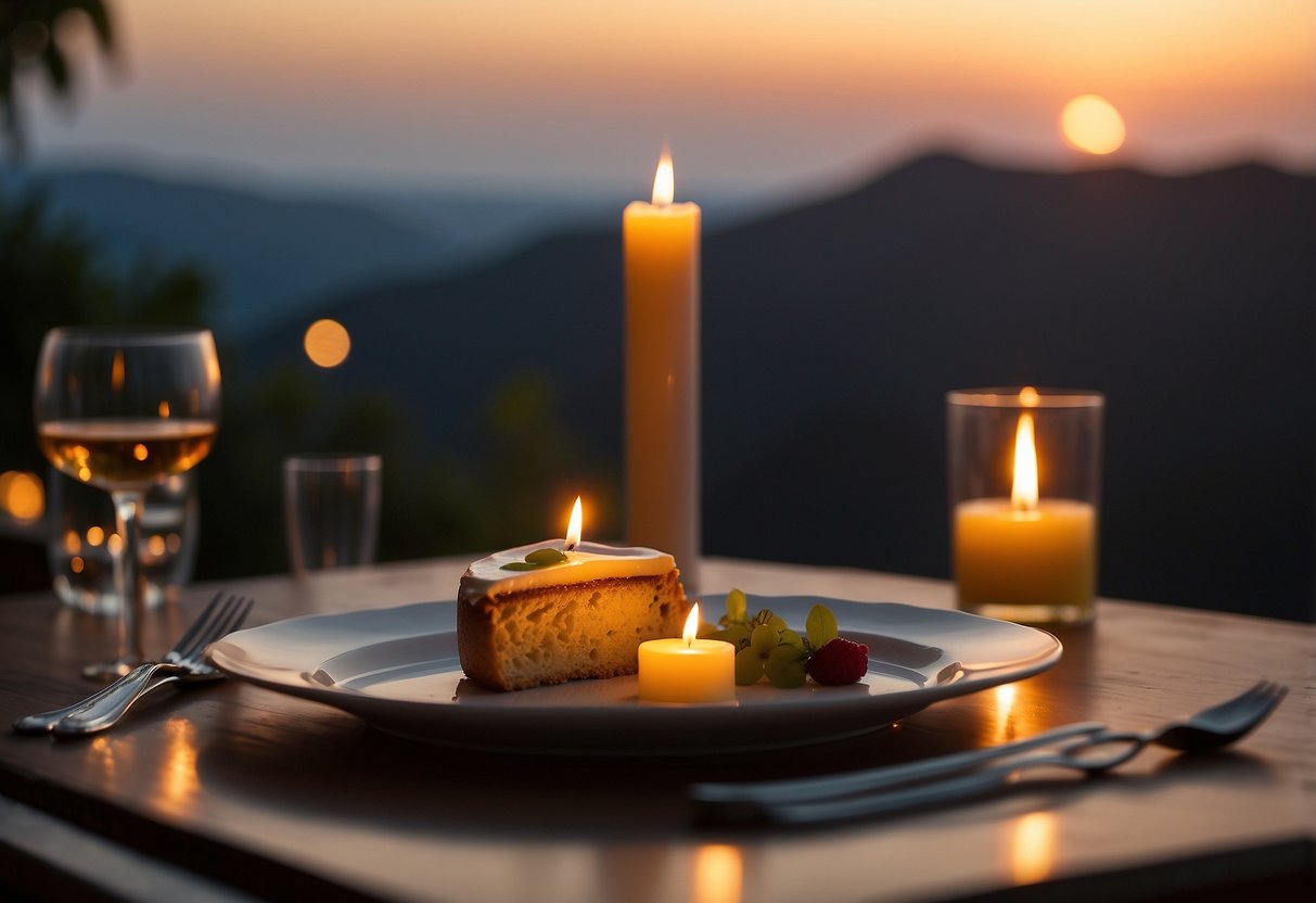 A candlelit dinner with a ring hidden in a dessert, overlooking a scenic view at sunset