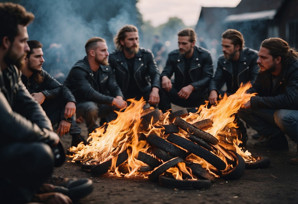 A group of bikers gather around a roaring bonfire, exchanging quotes from 'Sons of Anarchy' at a wedding celebration. Motorcycle helmets and leather jackets are scattered around the scene