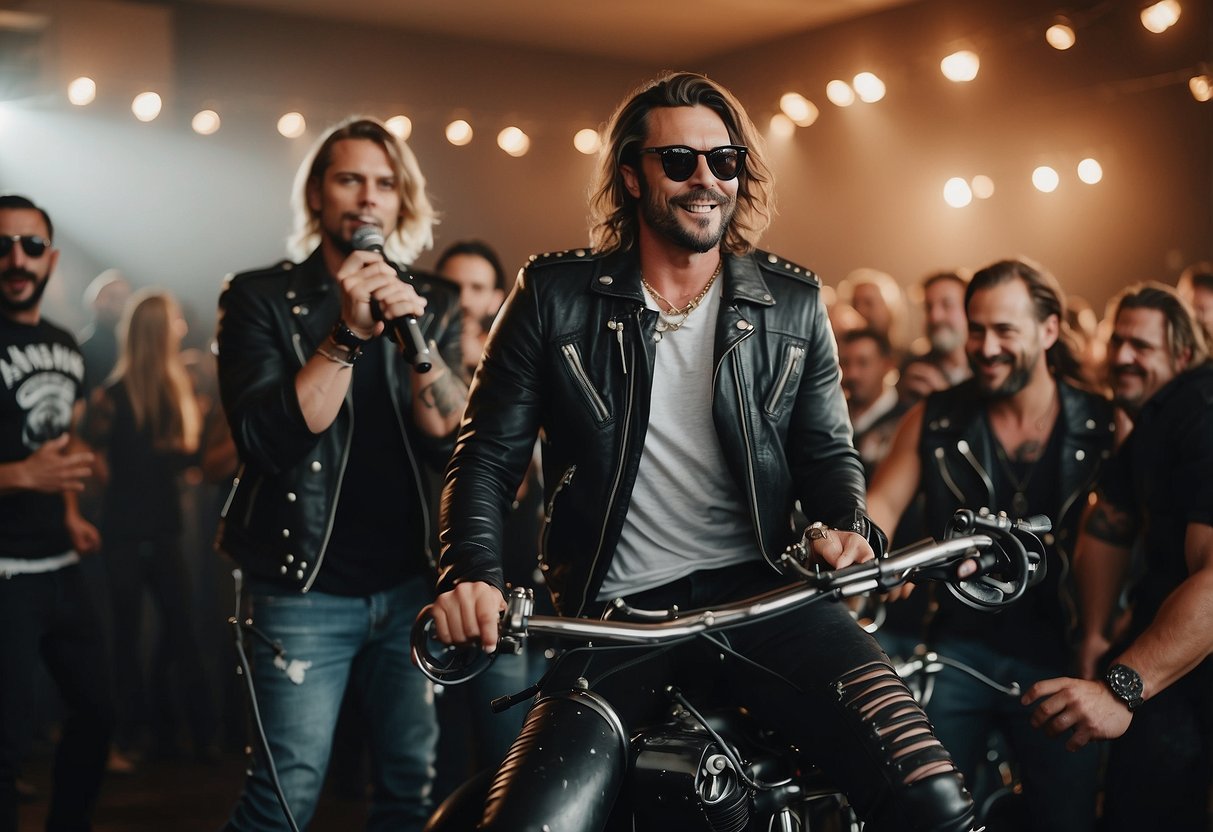 A live rock band performs at a biker wedding reception, surrounded by leather-clad guests and roaring motorcycles