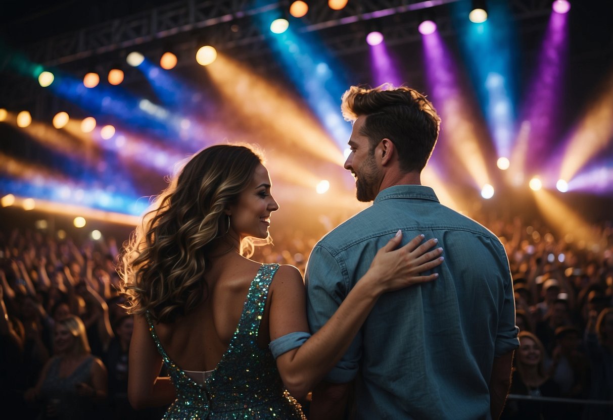 A couple stands in front of a stage, surrounded by cheering fans, as colorful lights illuminate the concert venue. The band's name is displayed on a large backdrop, creating a perfect backdrop for a romantic proposal