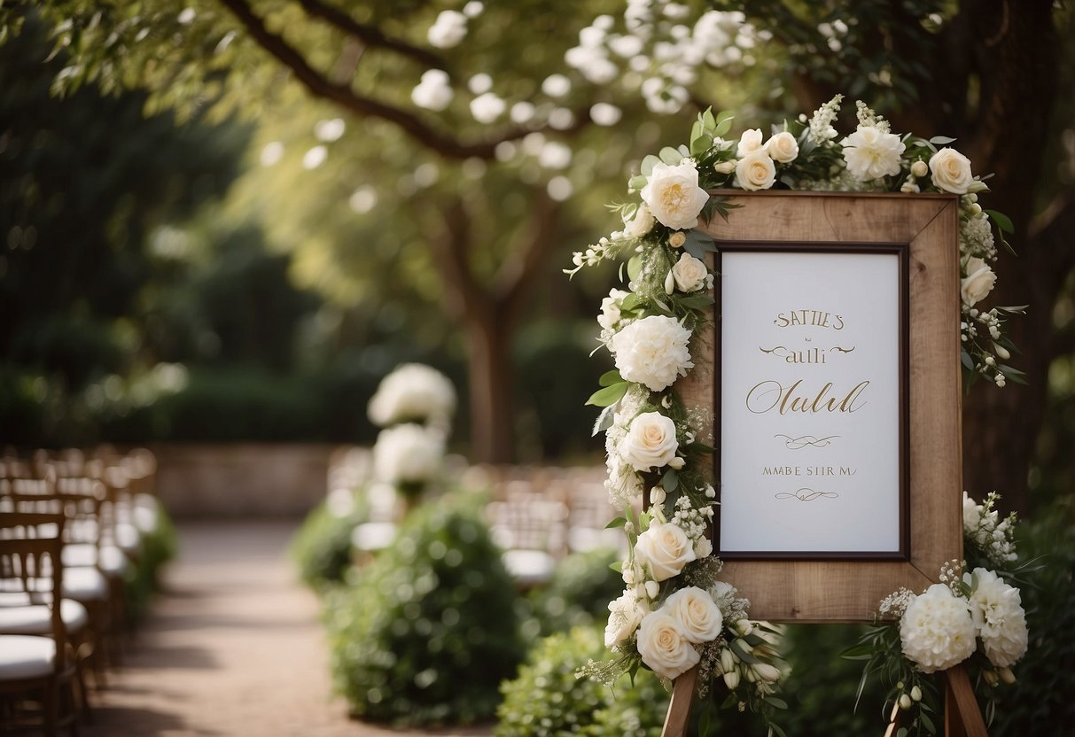 A wedding sign adorned with popular wedding sayings, surrounded by flowers and elegant decor