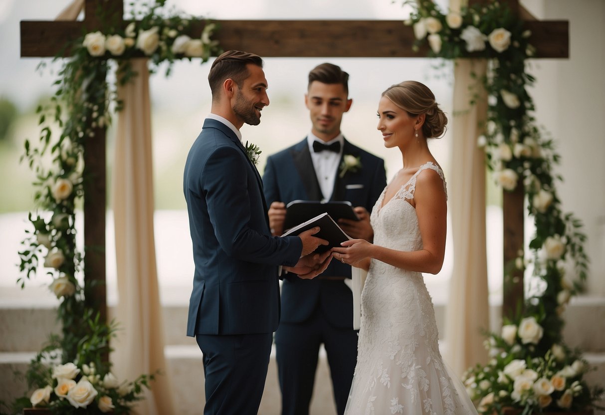 A bride and groom stand at the altar, exchanging vows with wedding sayings written on a decorative sign in the background