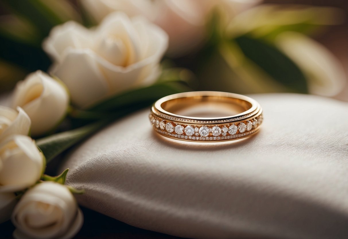 A wedding ring placed on a budget-friendly price tag of $15,000, surrounded by elegant decorations and flowers