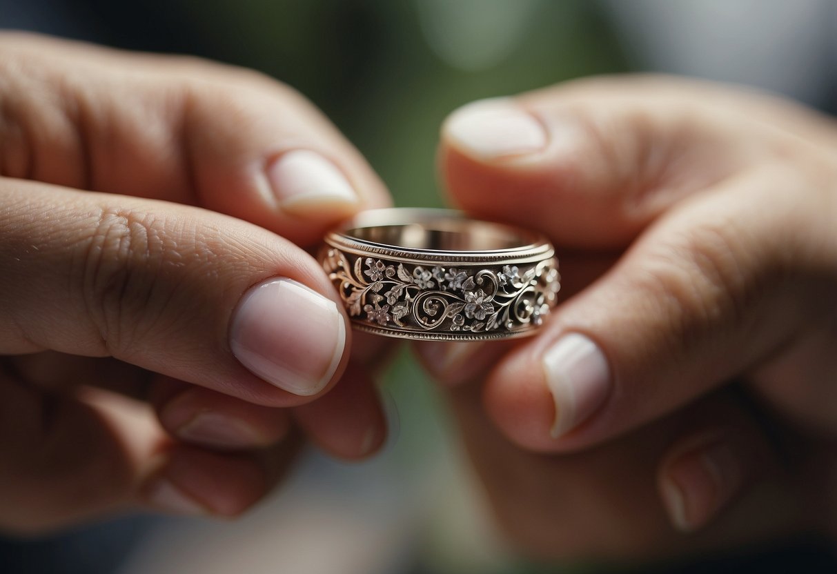 A hand holding a wedding ring with personalized engraving, surrounded by delicate floral and vine motifs