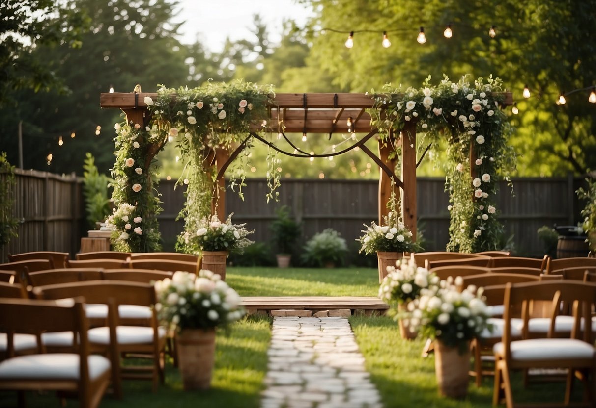 A small backyard with a rustic wooden arch adorned with flowers and greenery. String lights hang overhead, creating a warm and intimate atmosphere for a wedding ceremony