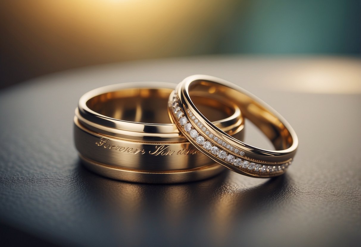 A close-up of two interlocking wedding rings with the engraving "Forever Yours" displayed prominently