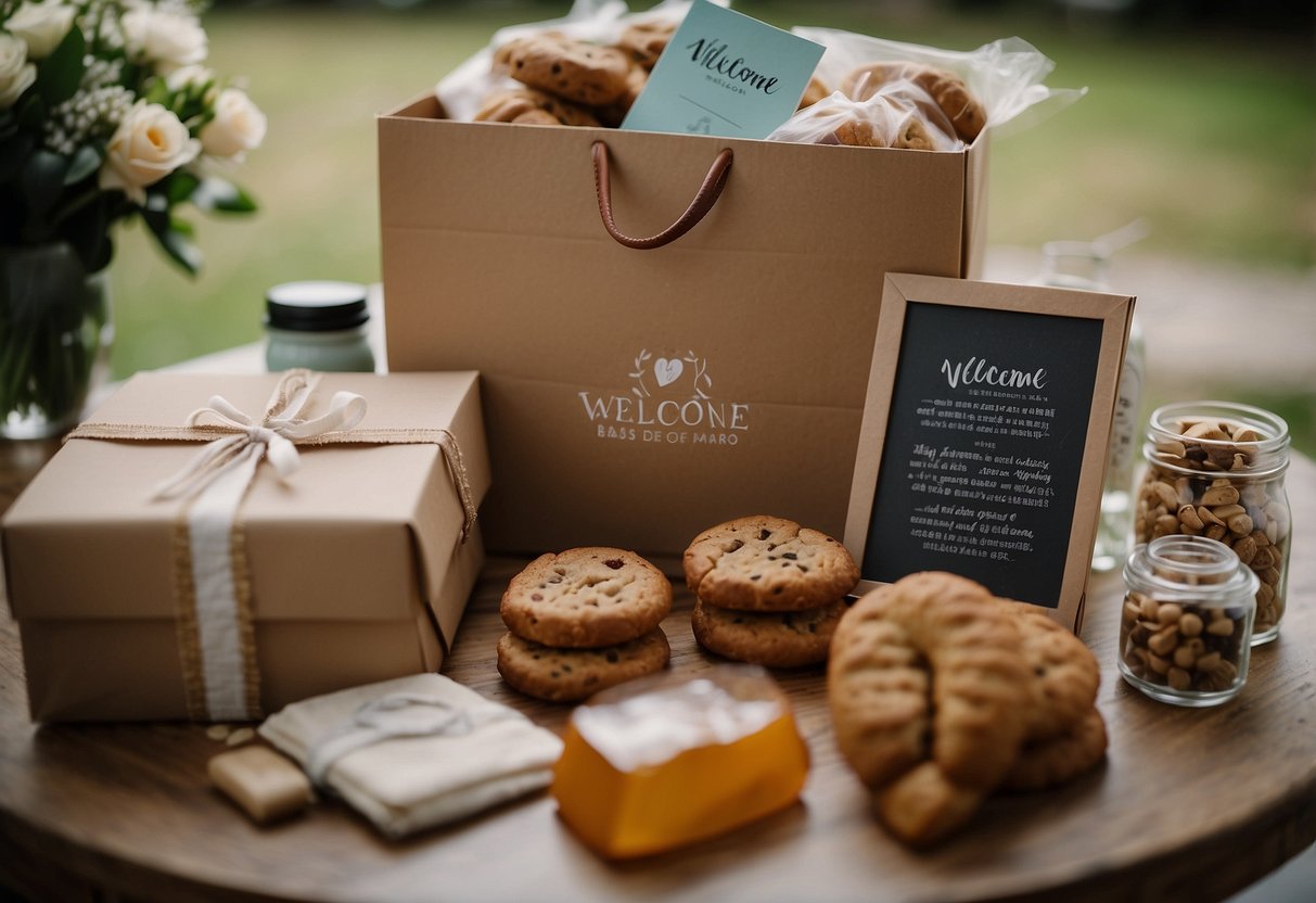 Welcome bags arranged neatly on a table, filled with local treats and information, with a note from the groom's parents