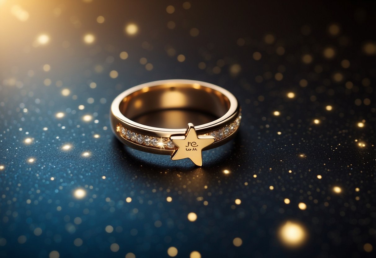 A wedding ring with "To Infinity and Beyond" engraved encircling a star-filled galaxy