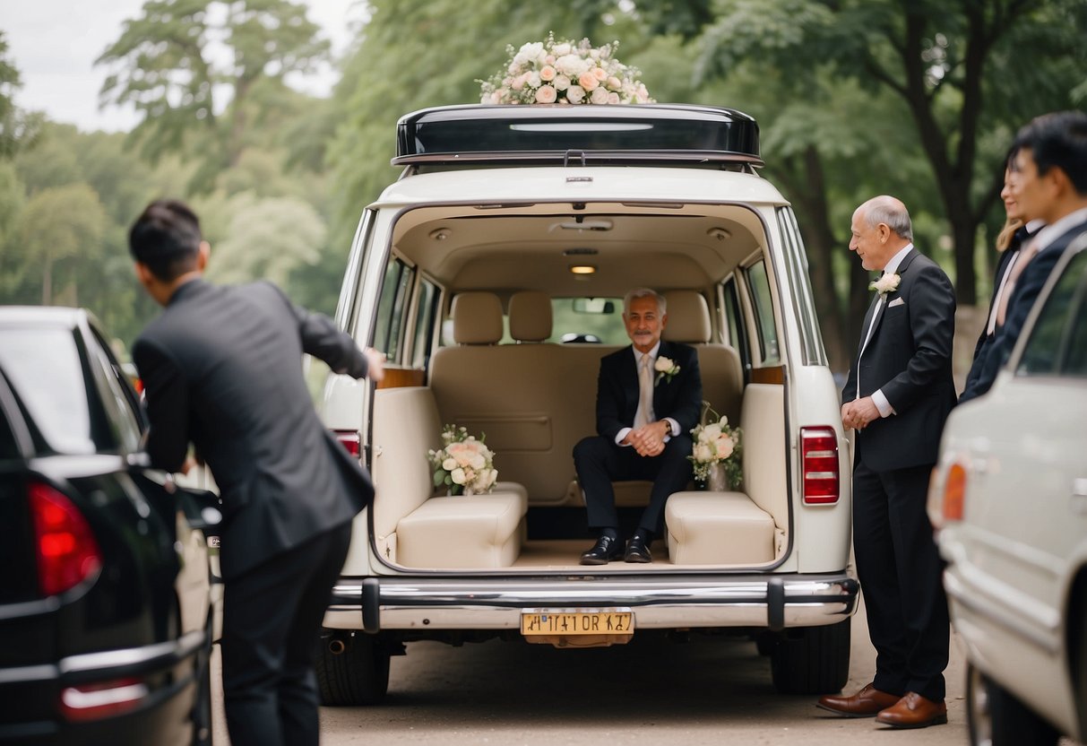 Groom's parents arrange wedding day transportation, ensuring vehicles are ready and decorated for the couple's special day