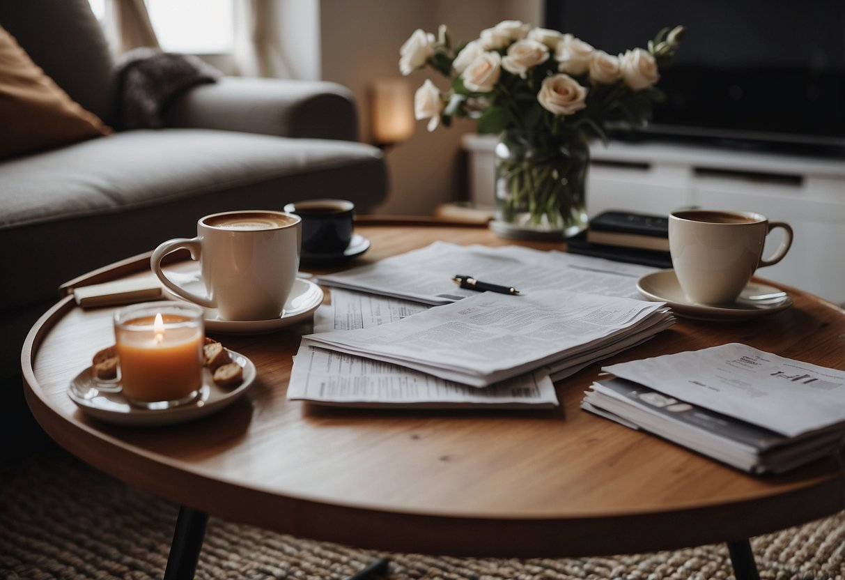 A cozy living room with wedding magazines and a budget spreadsheet open on the coffee table. A couple sits together, discussing plans and looking at cost estimates