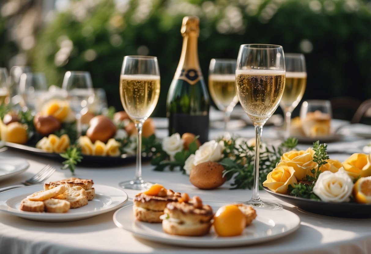 A table set with brunch dishes, flowers, and champagne. Groom's parents oversee the event, making sure everything runs smoothly