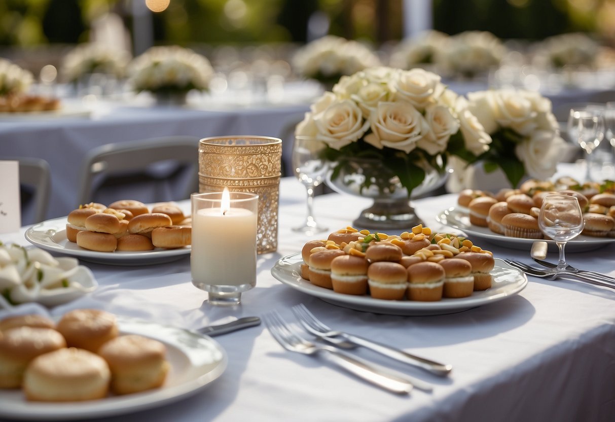 A wedding scene with affordable catering options displayed, surrounded by elegant decor and a budget-friendly price tag of $15,000