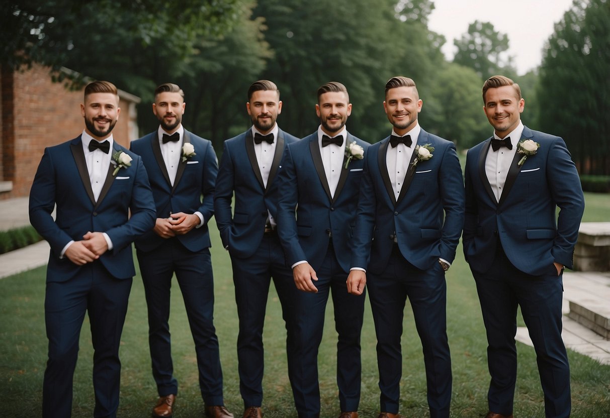 Groomsmen in coordinated suits, parents discussing responsibilities