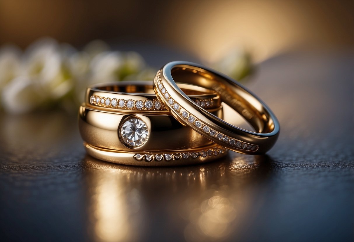 A close-up of two interlocking wedding rings with "Eternally Yours" engraved on the inside, set against a soft, romantic background