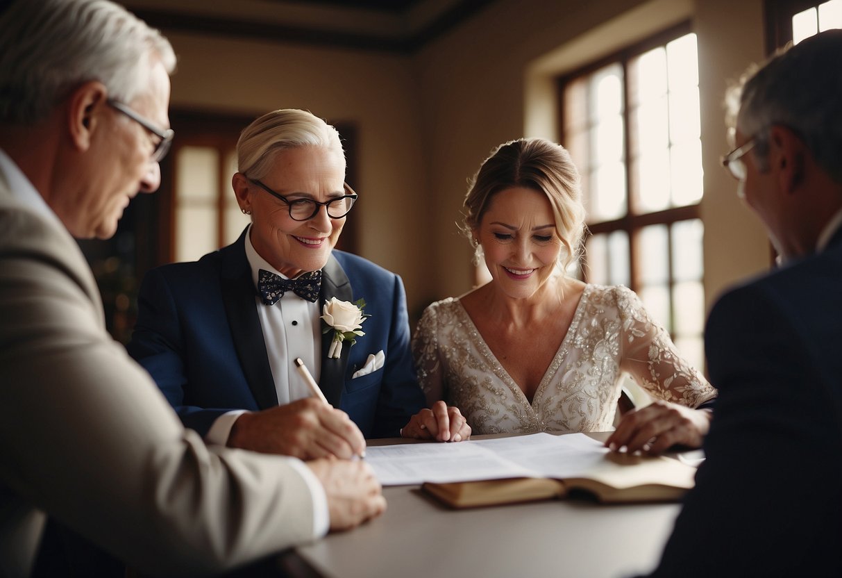 The groom's parents writing a check or transferring money to the couple for wedding expenses