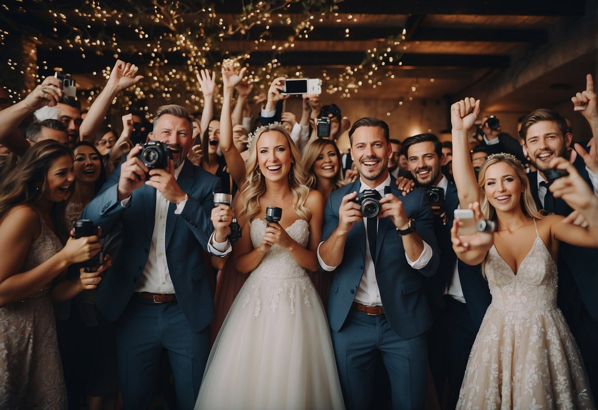 A group of people with cameras celebrating a wedding on a budget