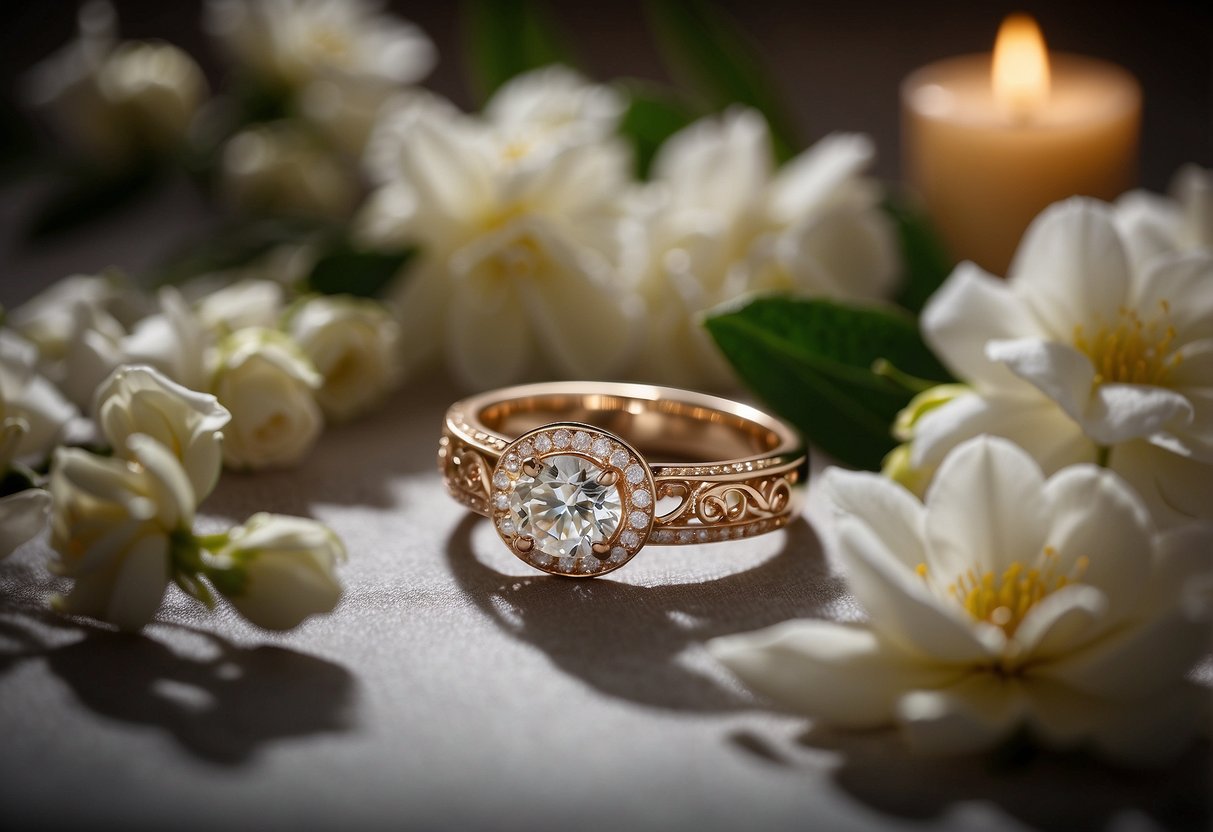 A glistening wedding ring with "My Only Love" engraved, surrounded by delicate flowers and soft candlelight