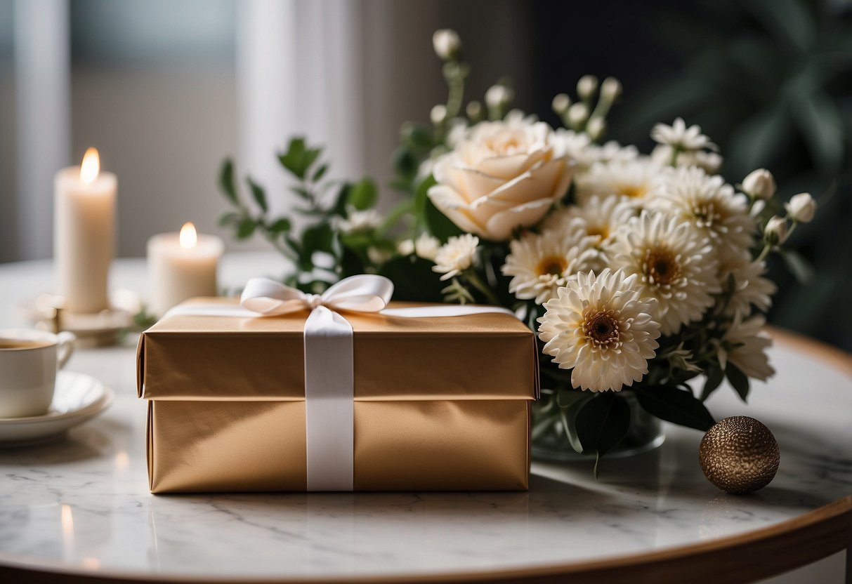 A beautifully wrapped gift box and a handwritten card, placed on a table with a vase of flowers and a framed photo of the couple