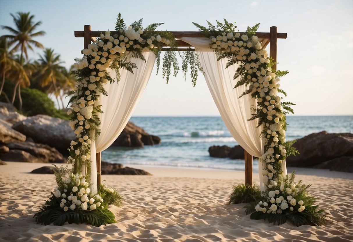 A serene beach setting with a simple wooden arch adorned with white flowers and flowing fabric, surrounded by palm trees and the gentle sound of ocean waves